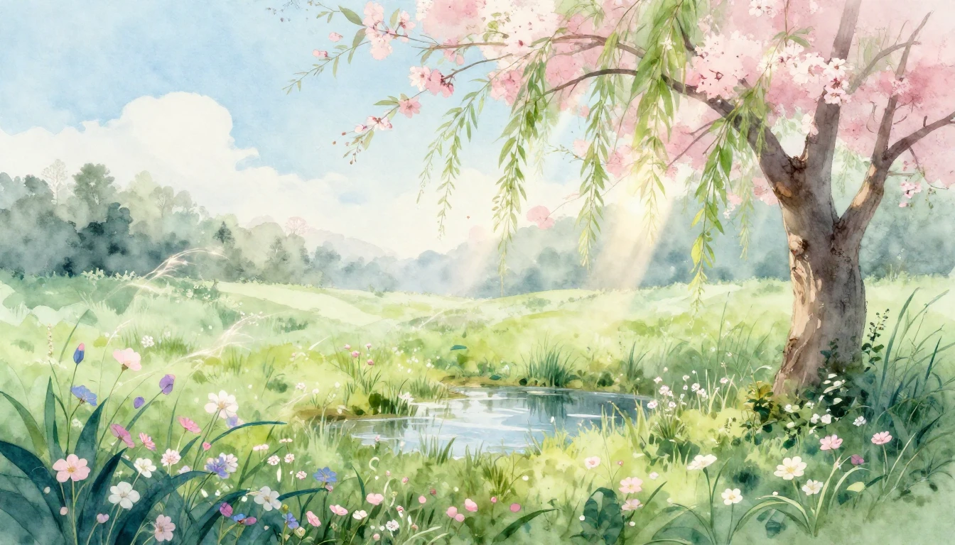 A beautiful watercolor painting of a lush spring meadow at s...