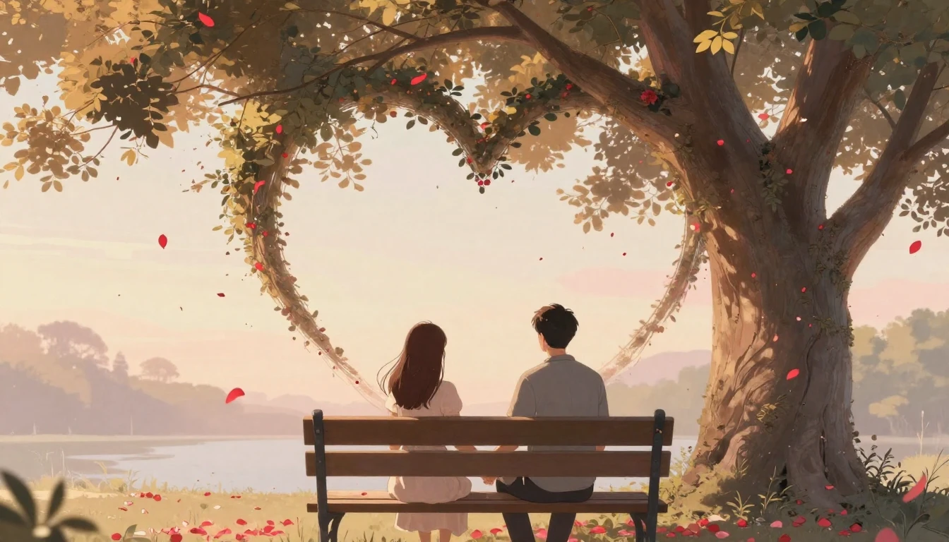 A romantic scene of a couple holding hands on a park bench u...