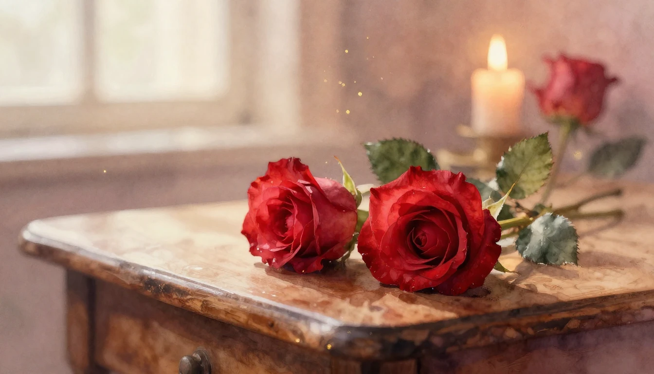 A soft watercolor painting of two delicate red roses resting...