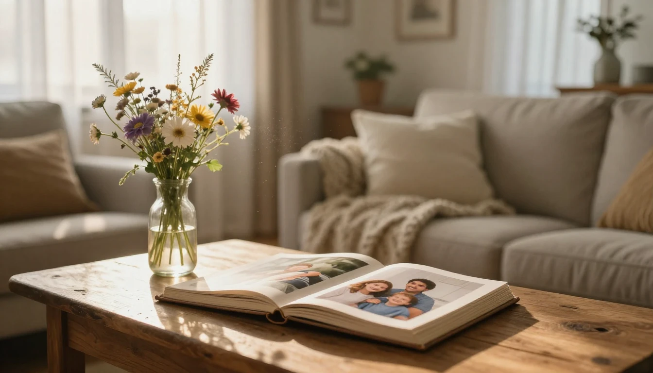 A warm, cinematic close-up shot of a cozy living room scene ...