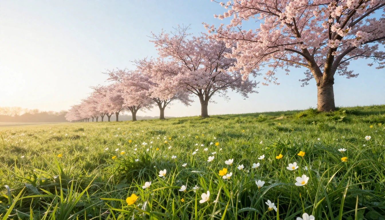 A lush green meadow at sunrise during early spring. Tiny whi...