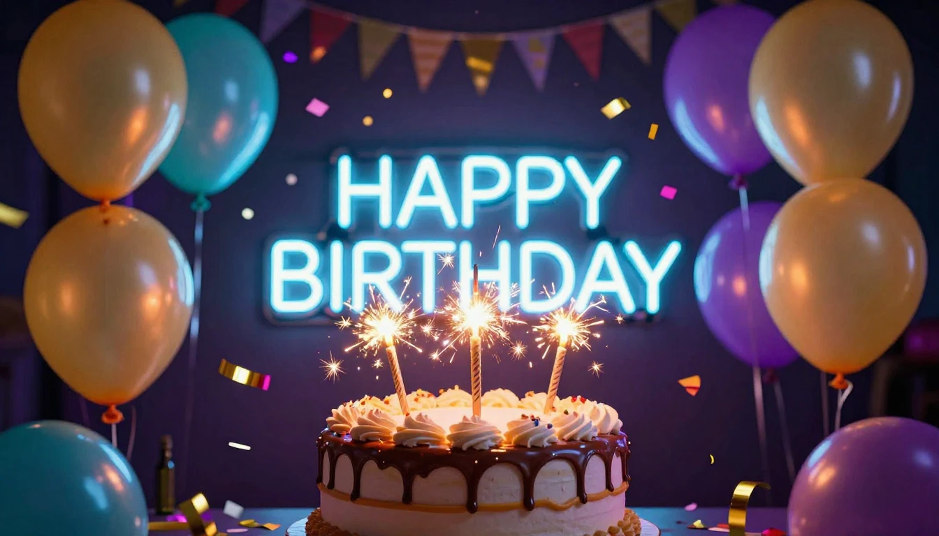 A vibrant and festive birthday scene featuring a delicious s...