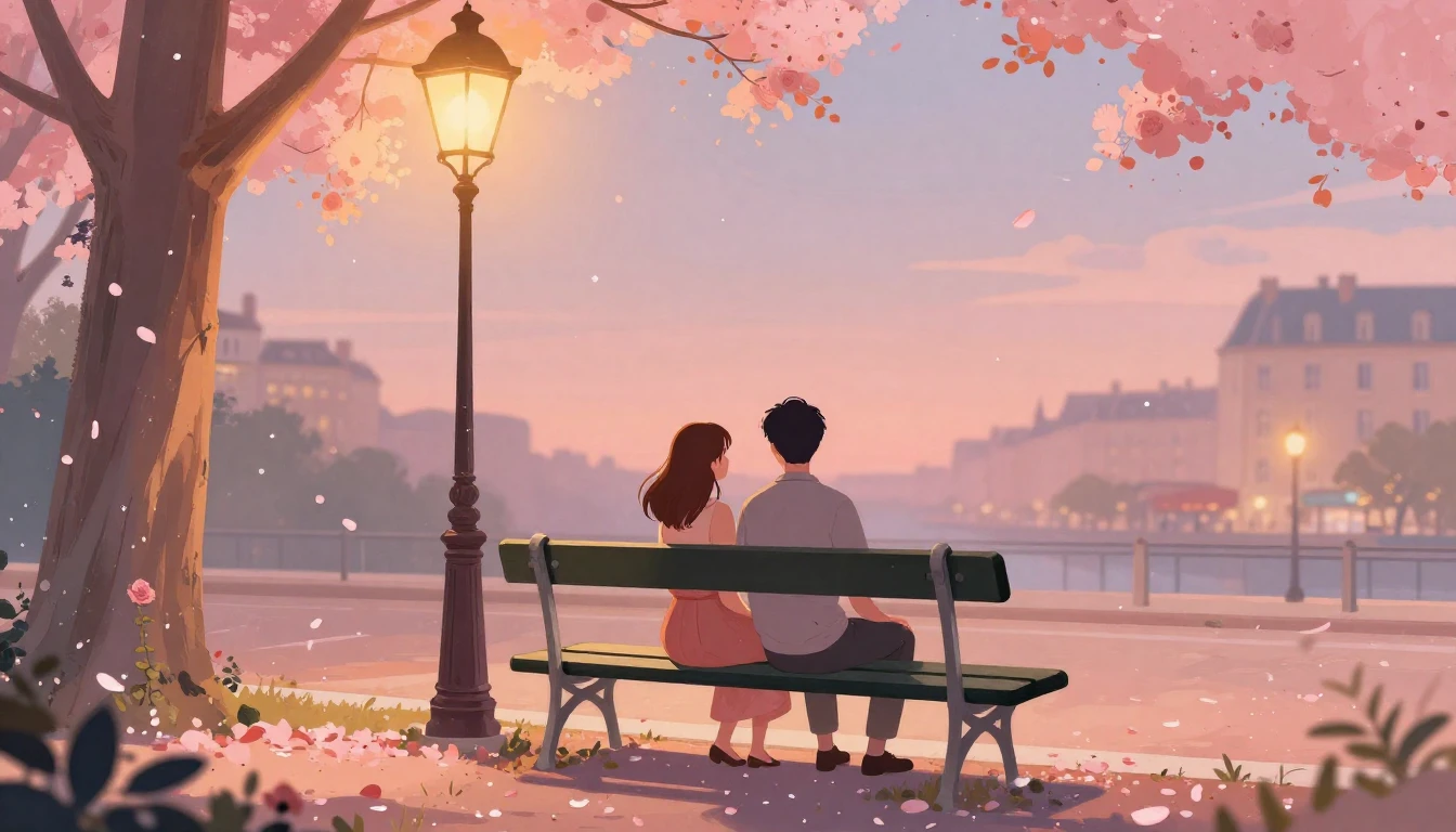 A romantic and dreamy illustration of a couple sitting on a ...