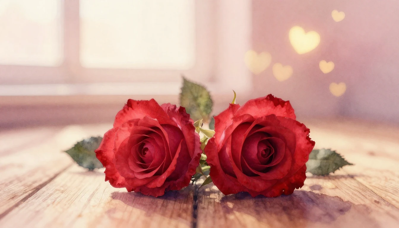 A delicate watercolor painting of two intertwined red roses ...