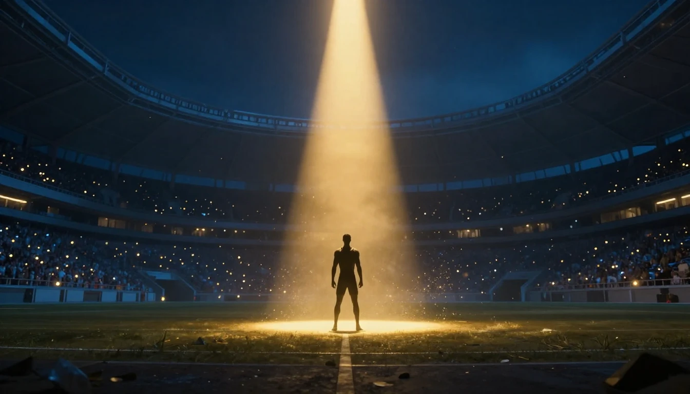 A wide cinematic shot of a vast, futuristic sports arena at ...