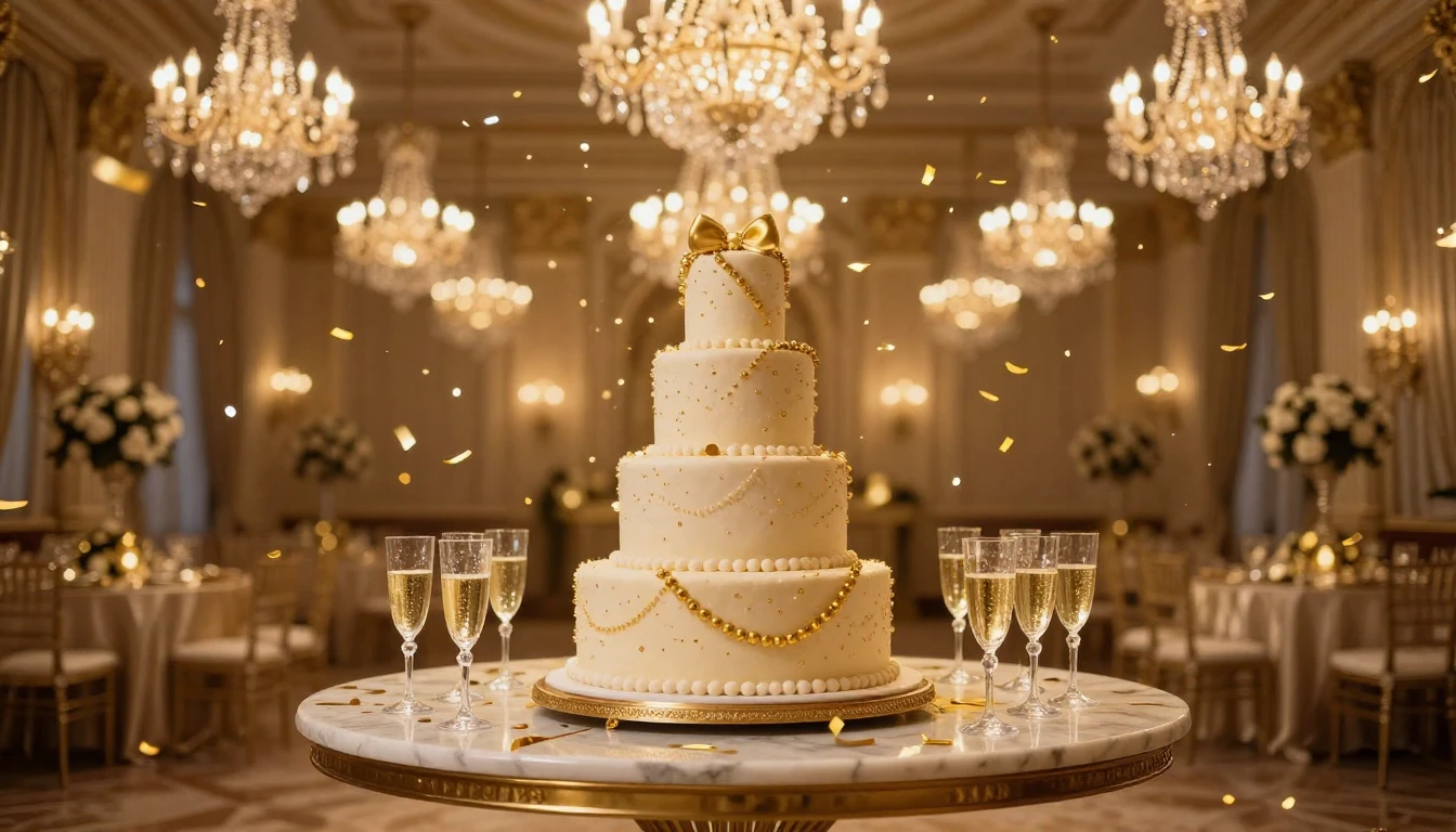 A luxurious and festive scene featuring a grand ballroom ill...