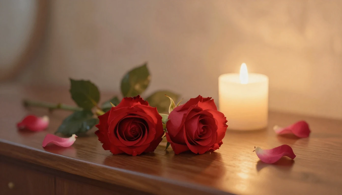 A delicate and ethereal scene featuring two intertwined red ...