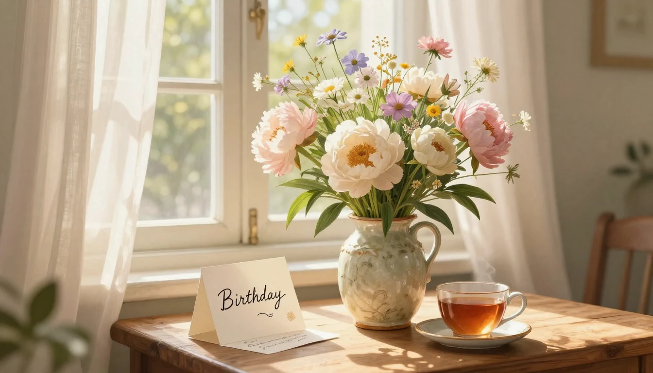 A warm and cozy illustration featuring a bouquet of gentle w...