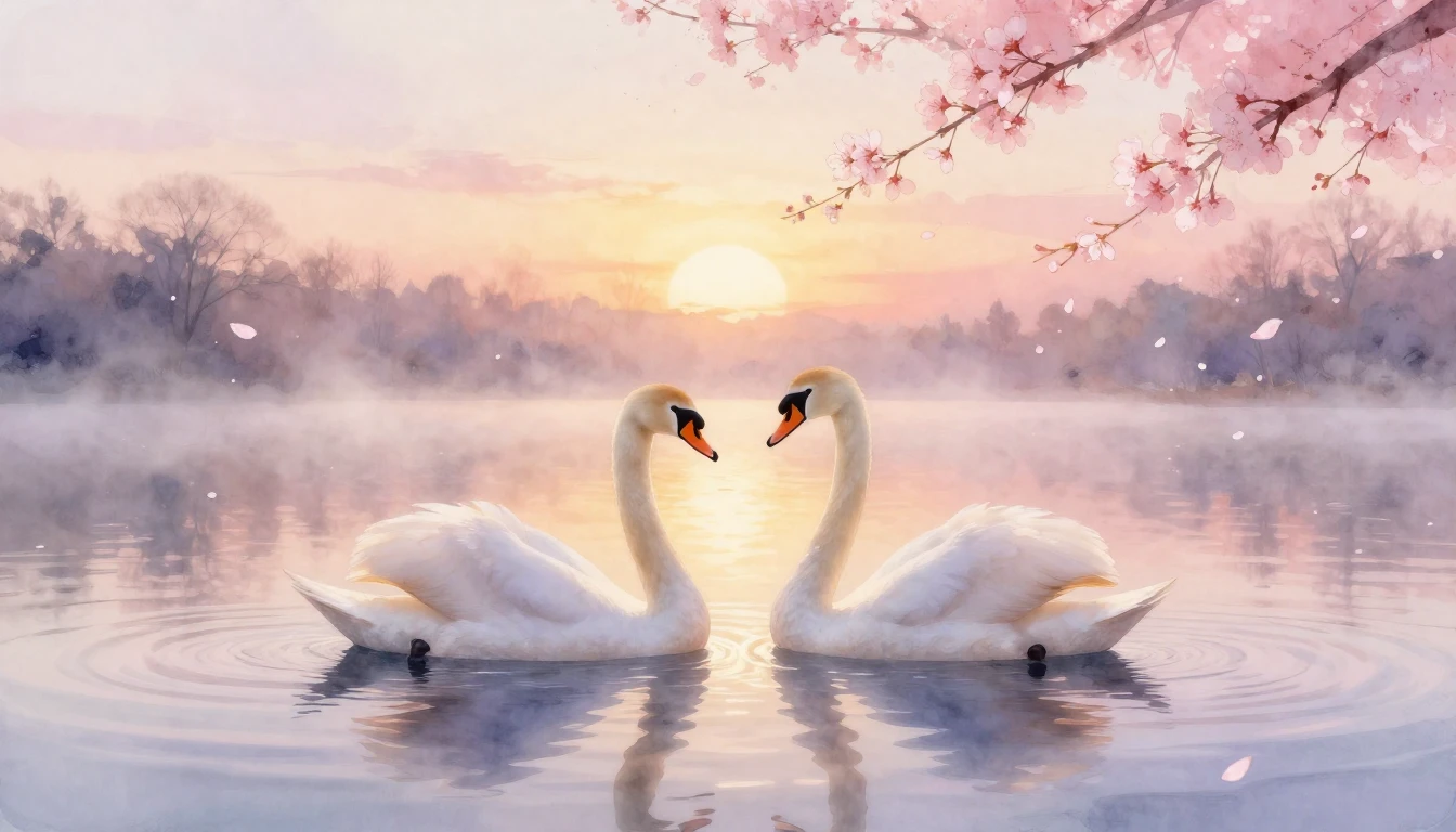 A dreamy watercolor painting of two elegant swans gliding on...
