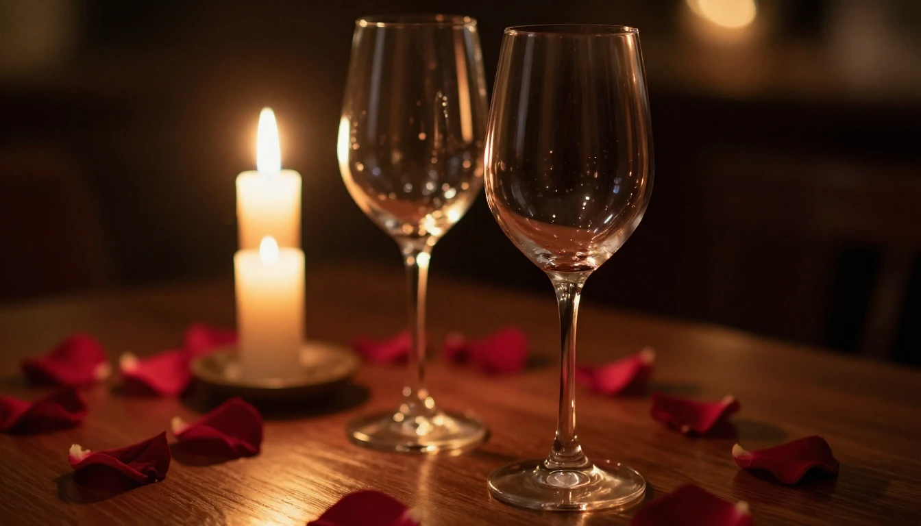 A close-up cinematic shot of two elegant wine glasses on a w...