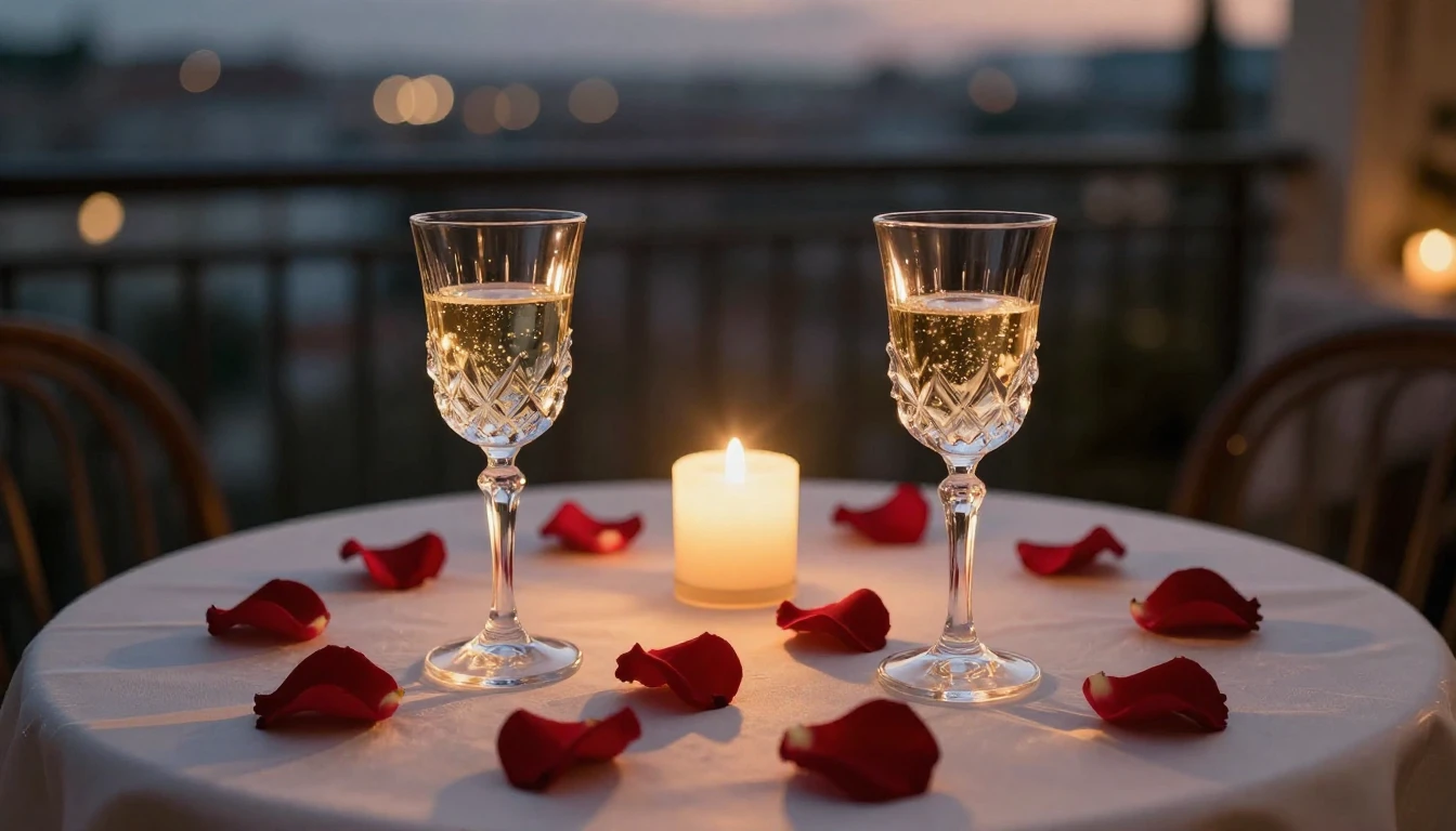 A high-quality photorealistic image of a romantic dinner set...