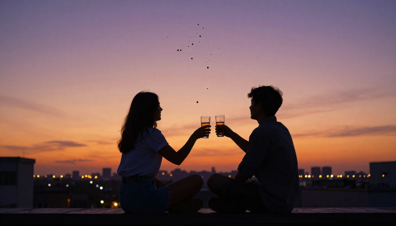 Two best friends sitting on a rooftop at sunset, silhouettes...