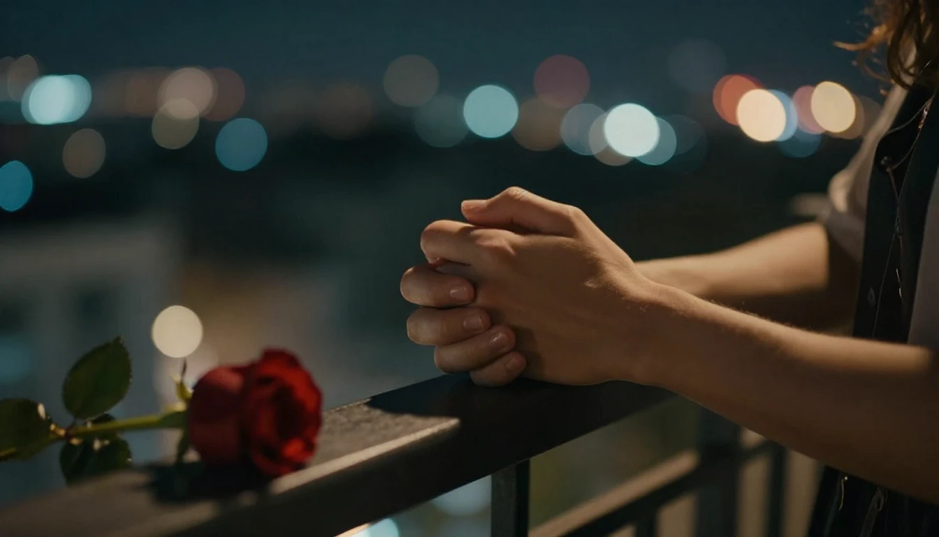 A cinematic close-up shot of a couple holding hands tightly ...