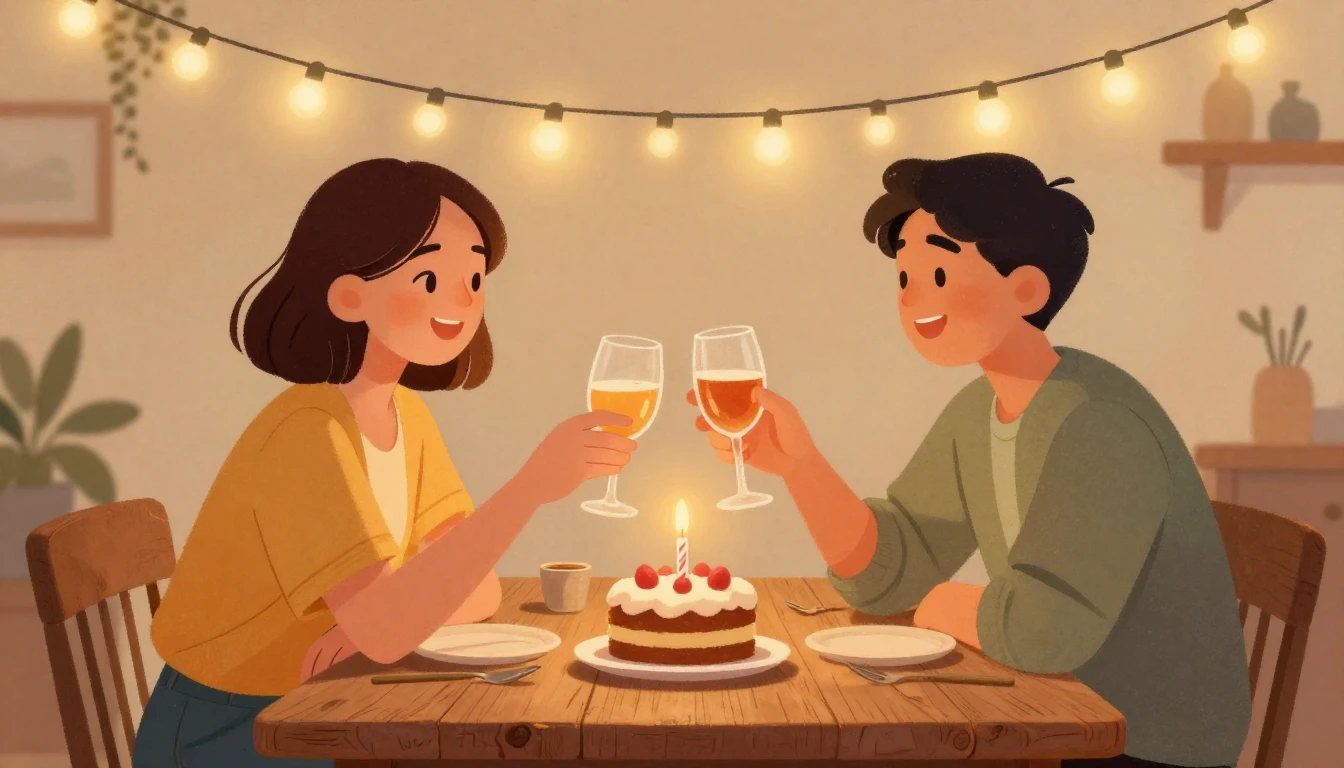 A cozy and warm illustration of two friends clinking glasses...