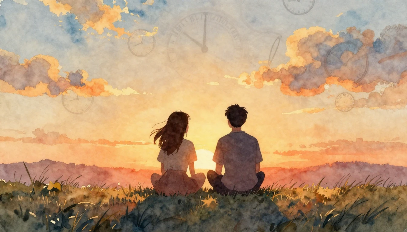 A heartwarming watercolor painting depicting two silhouettes...