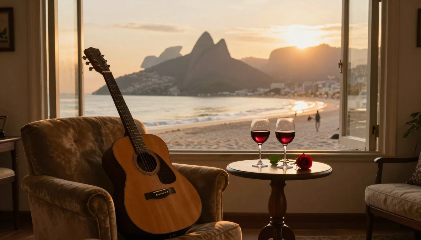 A romantic and intimate scene featuring a cozy living room w...