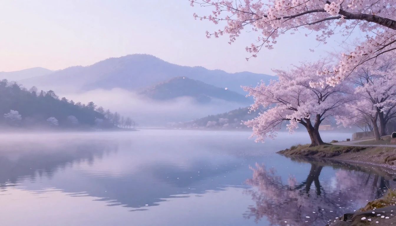 A tranquil landscape featuring a still mountain lake at dawn...