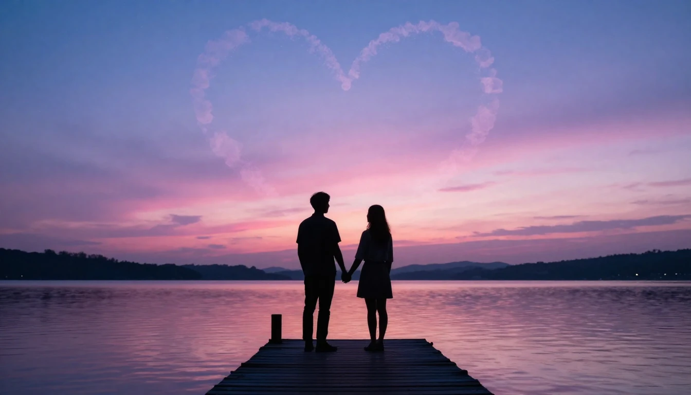 A romantic and ethereal scene depicting two silhouette figur...