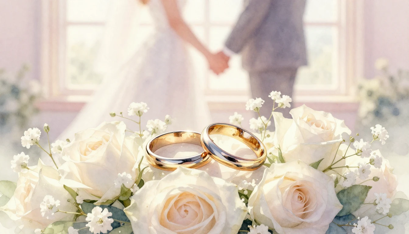 A soft and romantic watercolor painting depicting a pair of ...