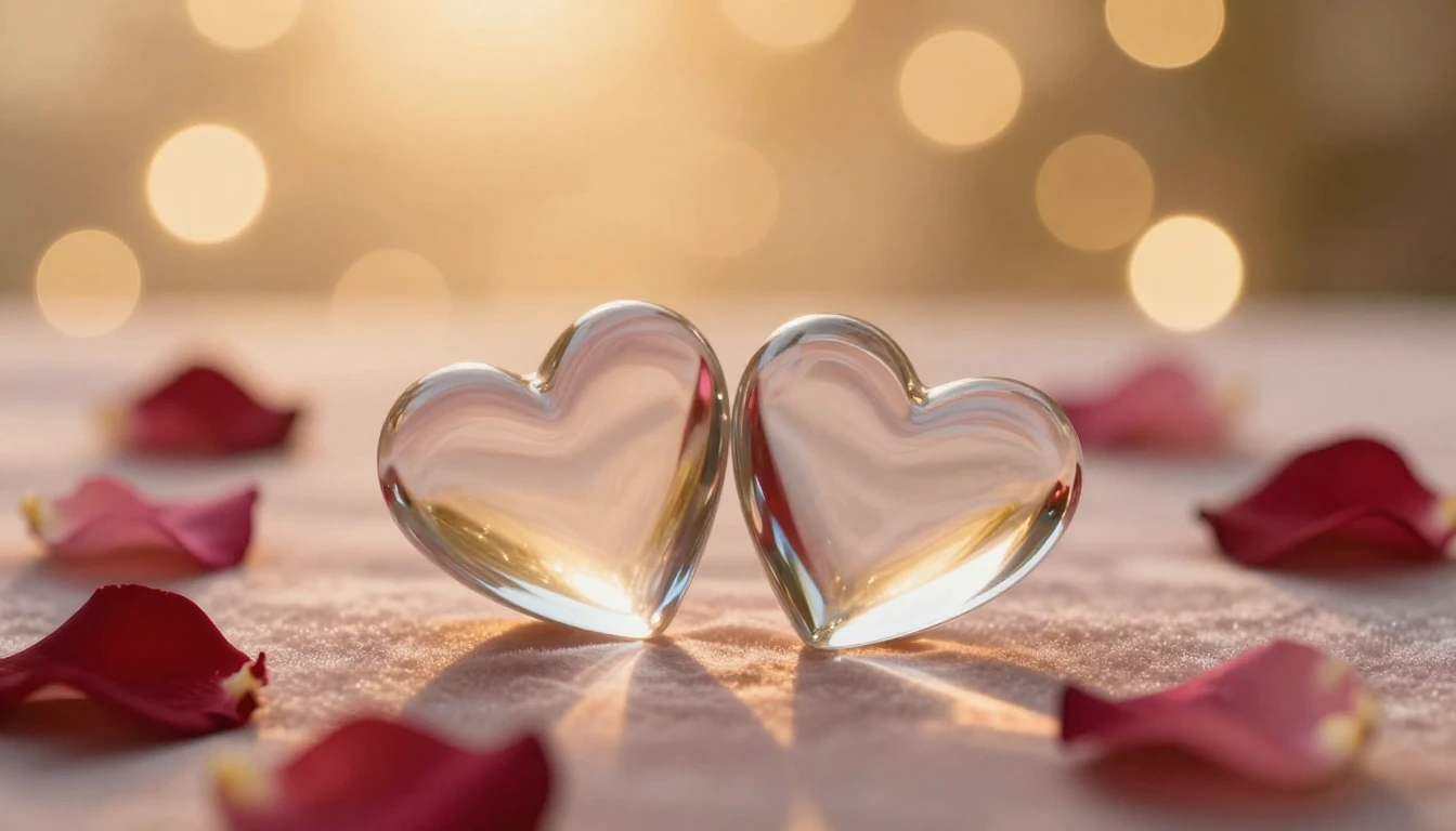 A serene and romantic scene featuring two elegant glass hear...