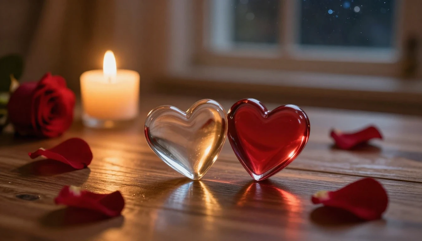 A serene and romantic scene featuring two elegant glass hear...