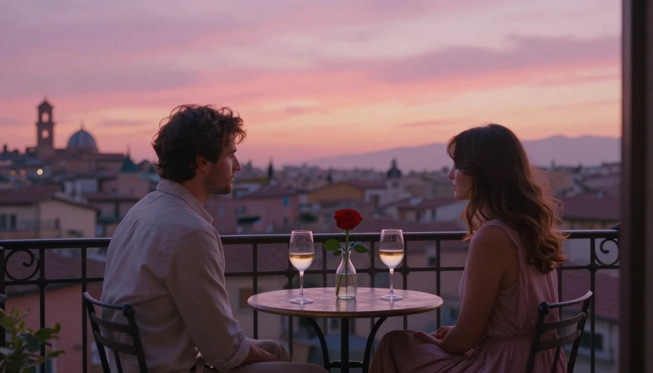 A romantic and dreamy scene depicting a couple sitting on a ...