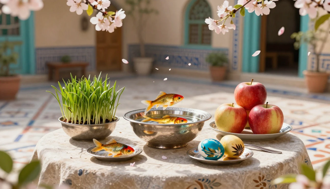 A lush and vibrant Haft-Sin table arrangement set in a sun-d...