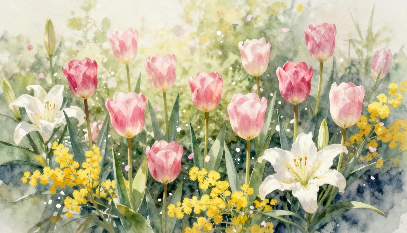 A delicate and vibrant watercolor painting of a lush spring ...