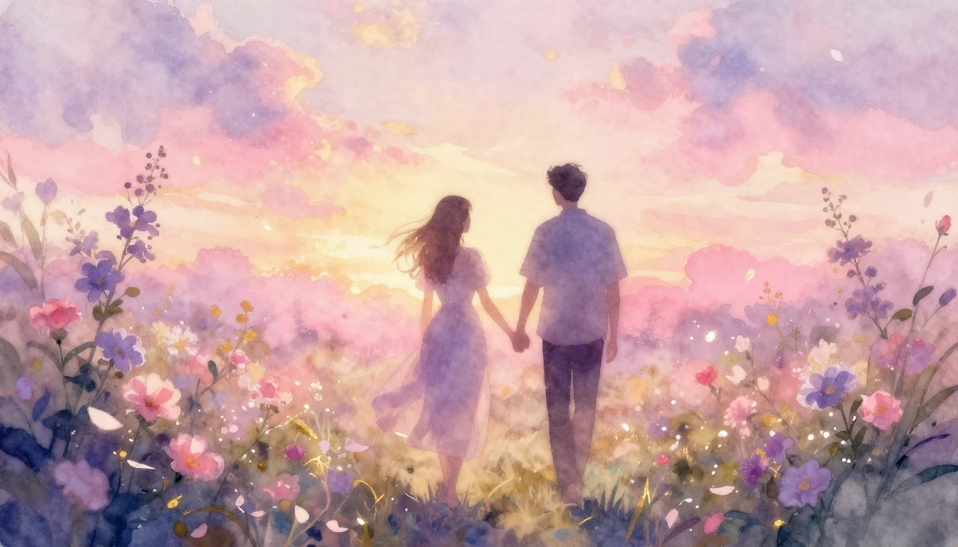 A dreamy and ethereal watercolor painting of two silhouettes...