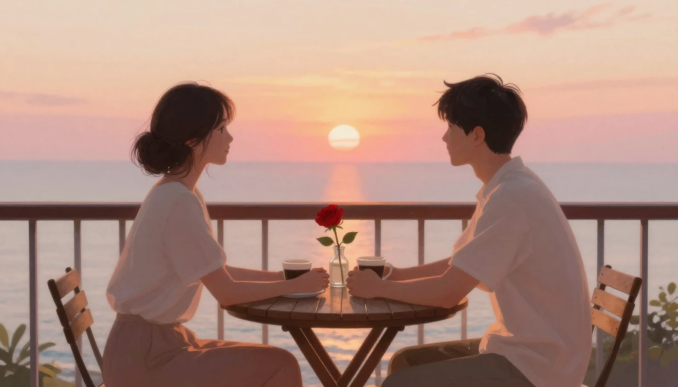 A romantic scene featuring a couple sitting at a small round...