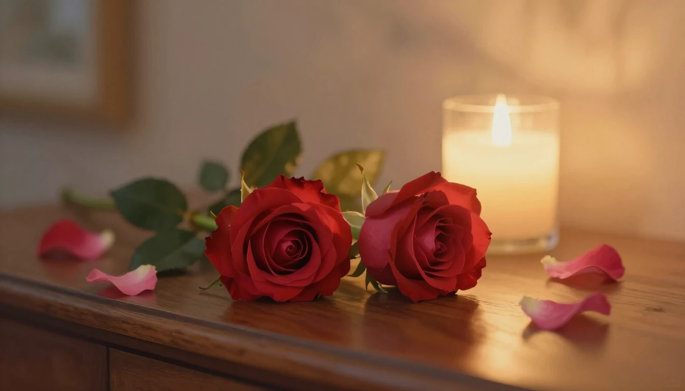 A delicate and ethereal scene featuring two intertwined red ...