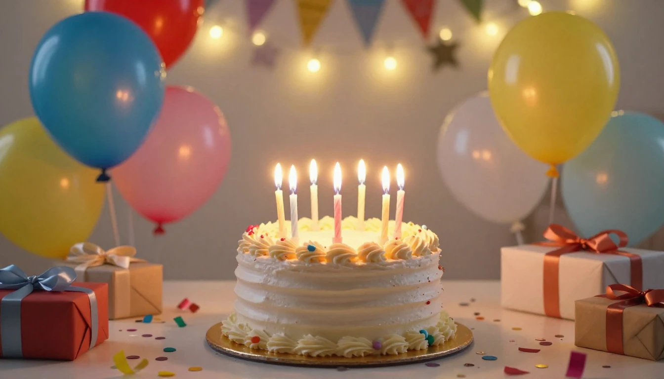 A beautifully decorated birthday cake with glowing candles i...