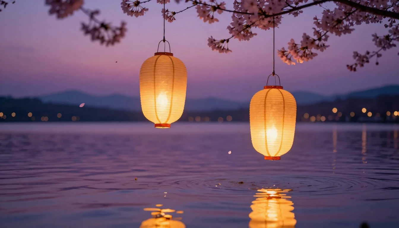A breathtaking scene of two glowing paper lanterns floating ...