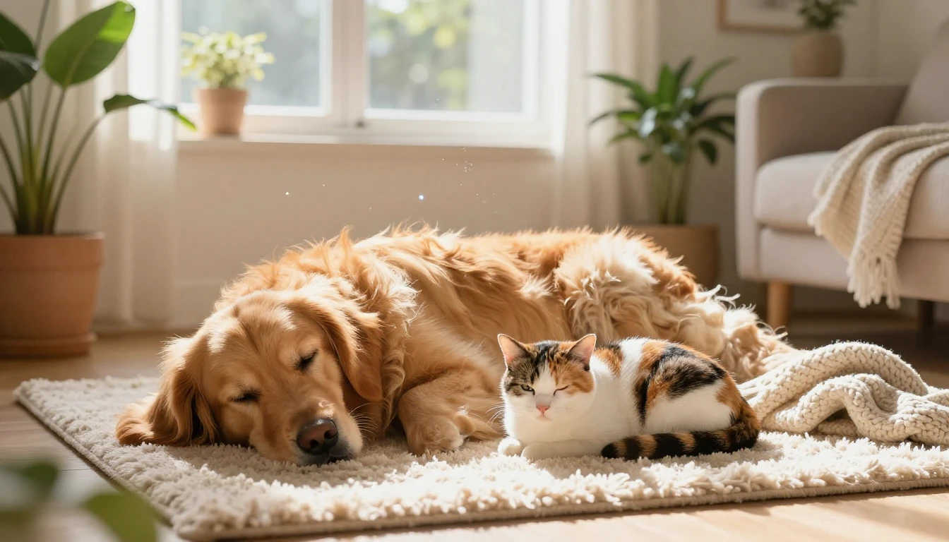 A cozy sunlit living room where a fluffy golden retriever an...