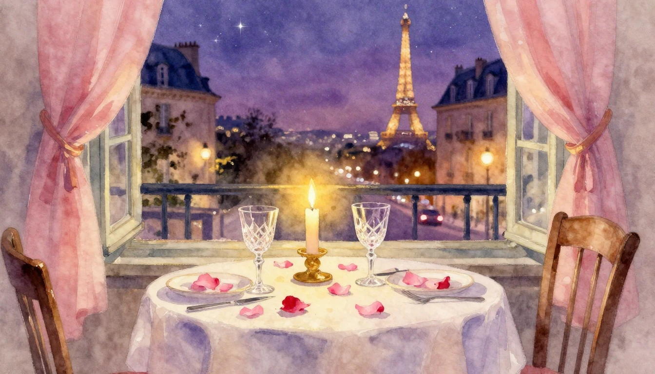 A soft watercolor painting of a cozy, candlelit table set fo...