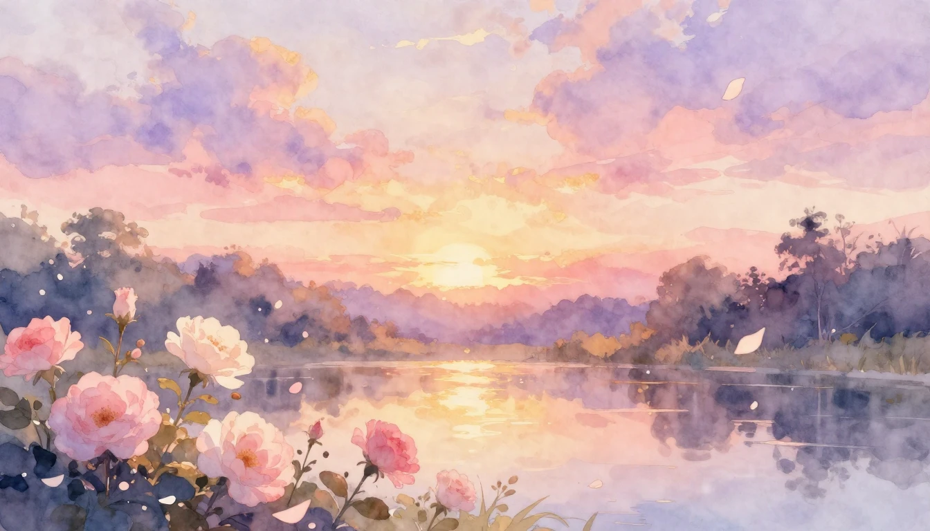 A dreamy watercolor illustration of a serene landscape at du...