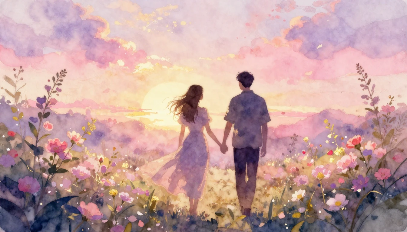 A dreamlike watercolor painting of two silhouettes walking h...