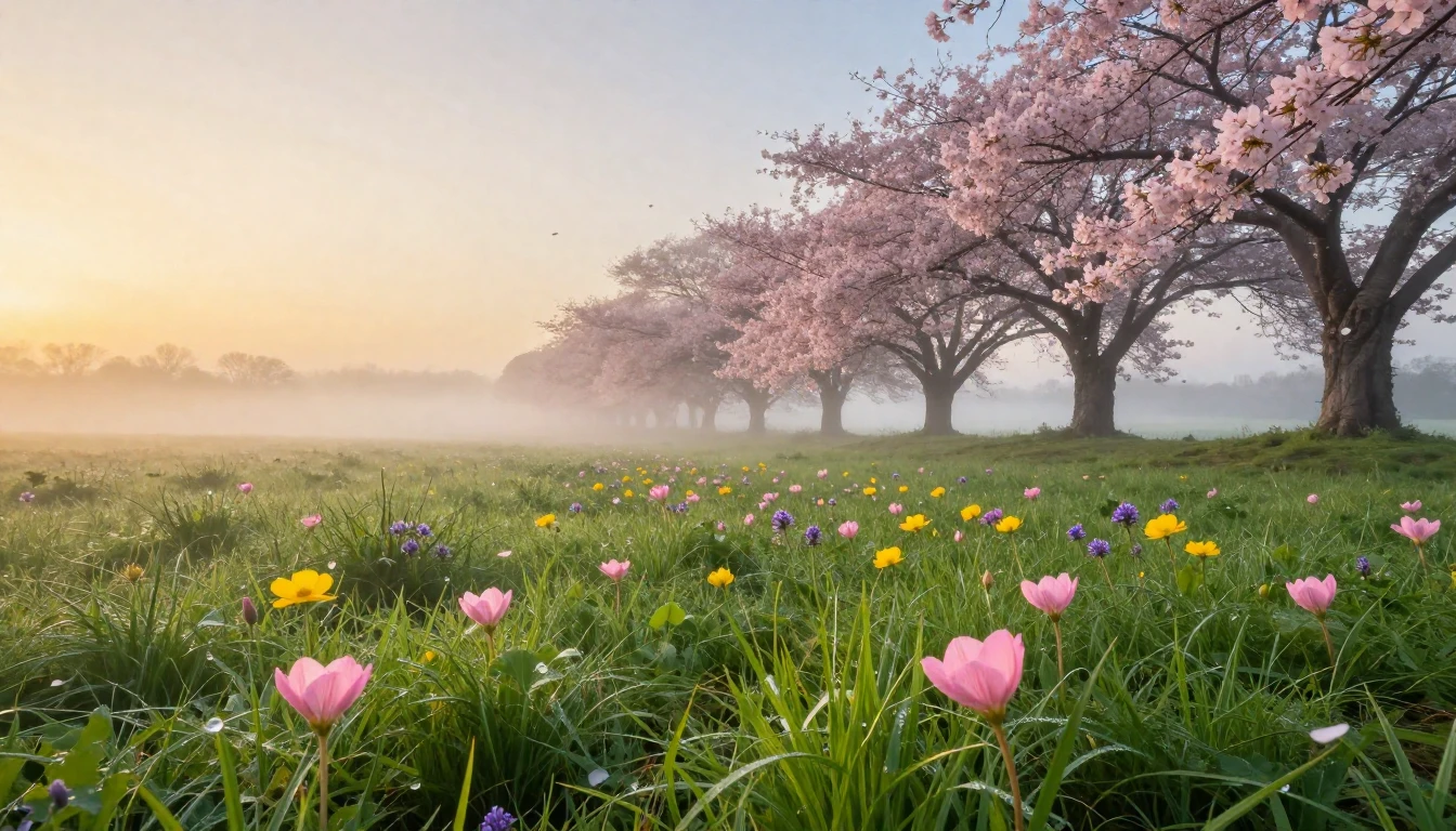 A breathtaking landscape of a lush green meadow at sunrise. ...