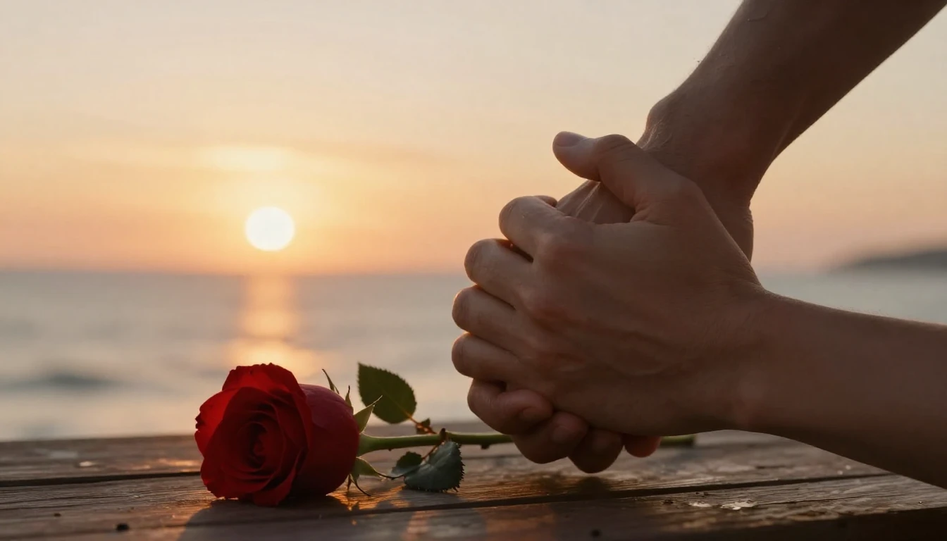 A cinematic, romantic scene featuring a close-up of two hand...