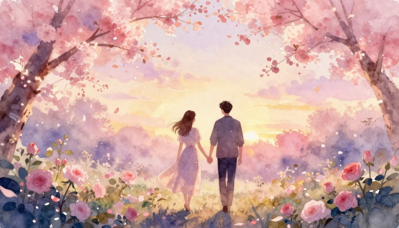 A dreamy watercolor painting of two silhouettes walking hand...