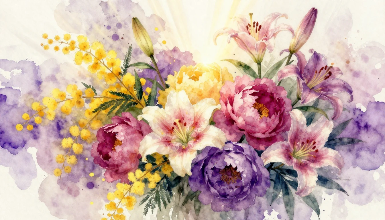 A vibrant watercolor painting featuring a diverse bouquet of...