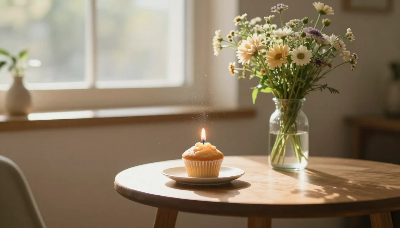 A cozy indoor scene featuring a small wooden table with a si...