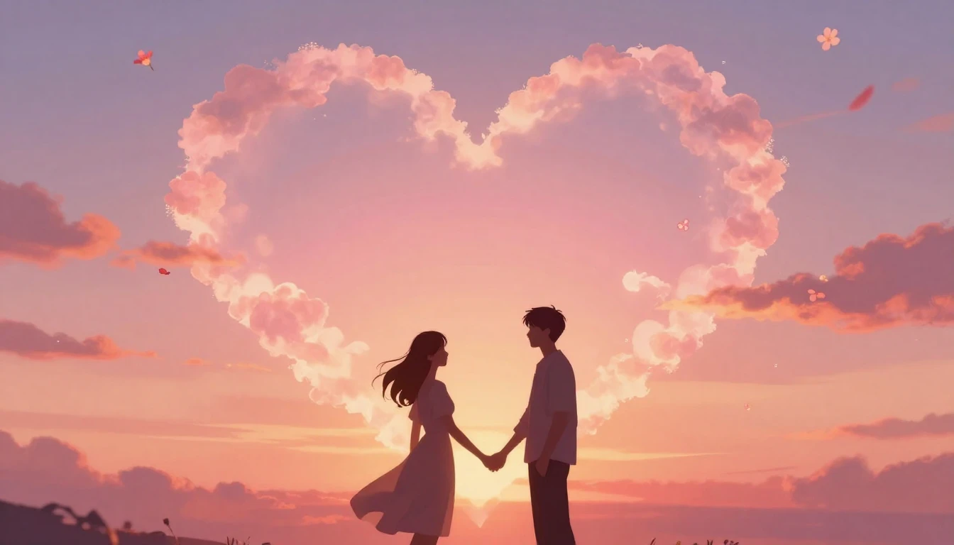 A romantic and dreamy illustration of two silhouettes holdin...