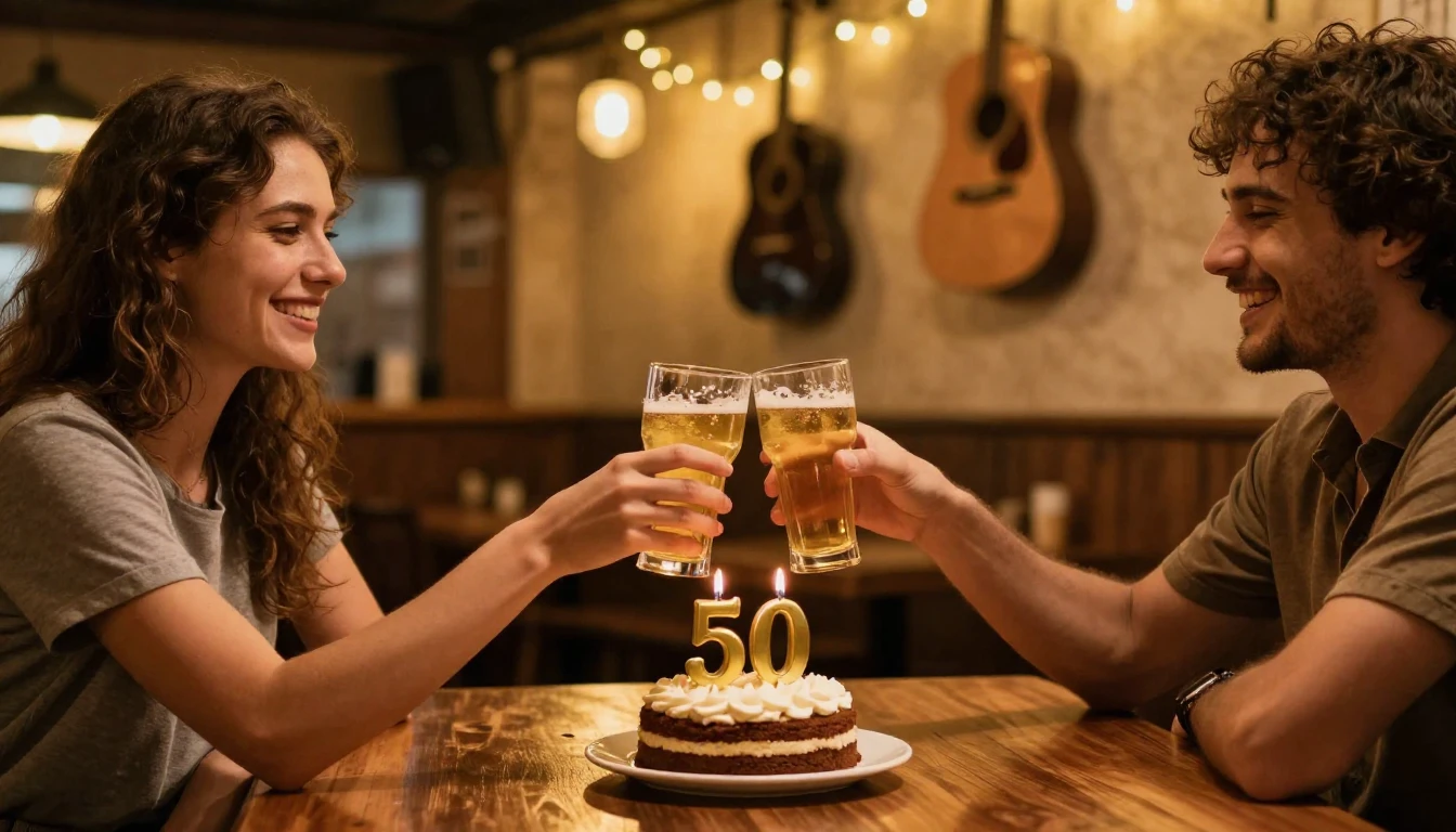 A warm, joyful scene of two friends clinking glasses in a co...