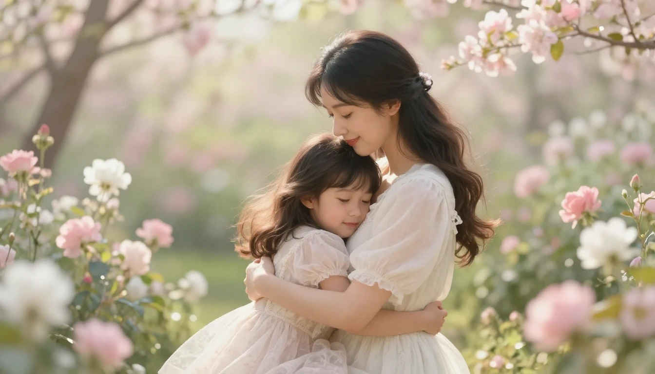 A heartwarming and tender illustration of a mother and her d...