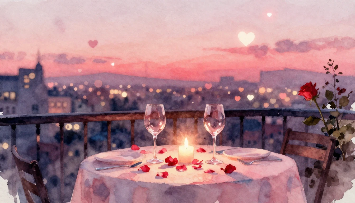 A beautiful watercolor painting of a romantic dinner setting...
