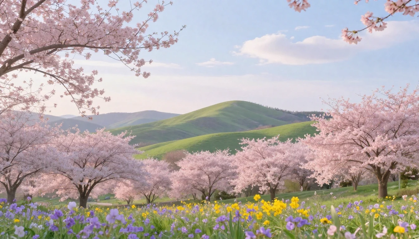 A serene landscape capturing the peak of spring. The foregro...