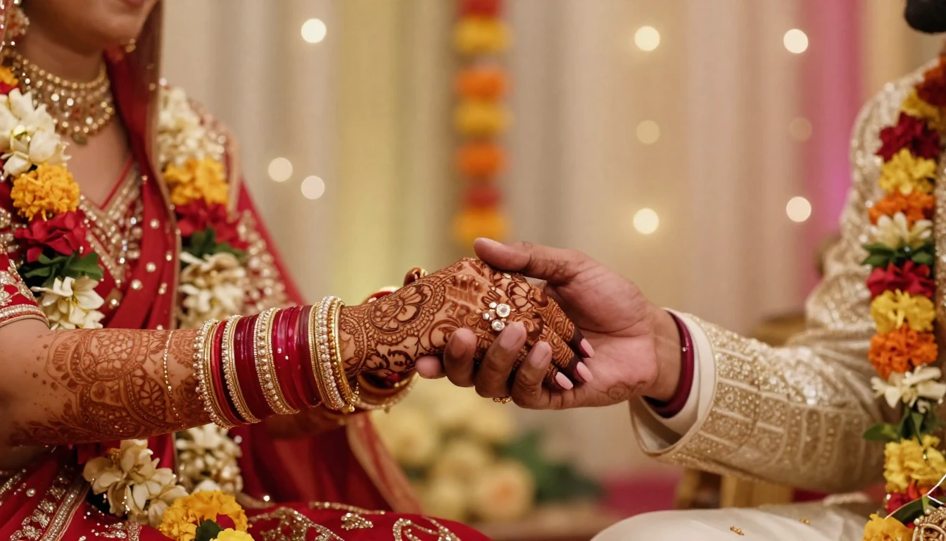 A vibrant digital artwork depicting a traditional Indian wed...