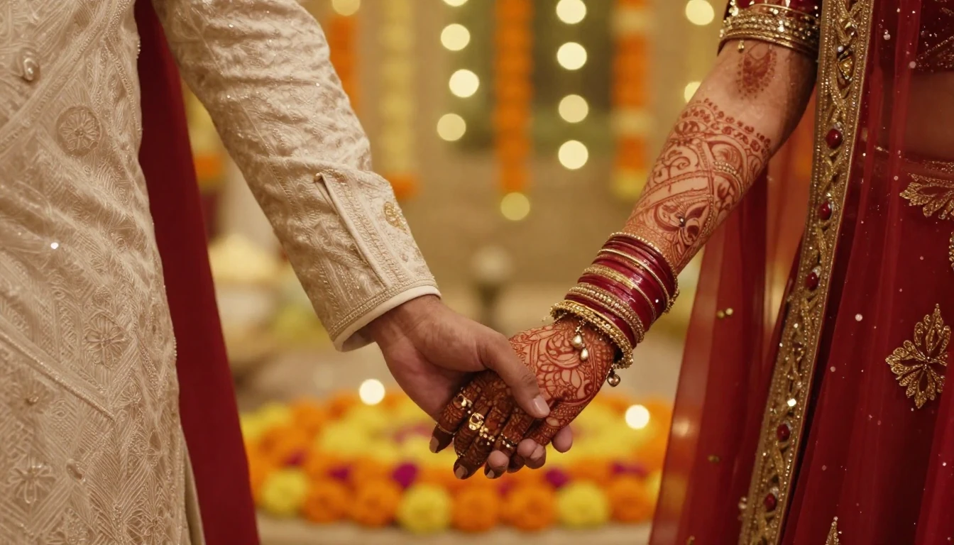 Cinematic close-up shot of an Indian wedding couple holding ...