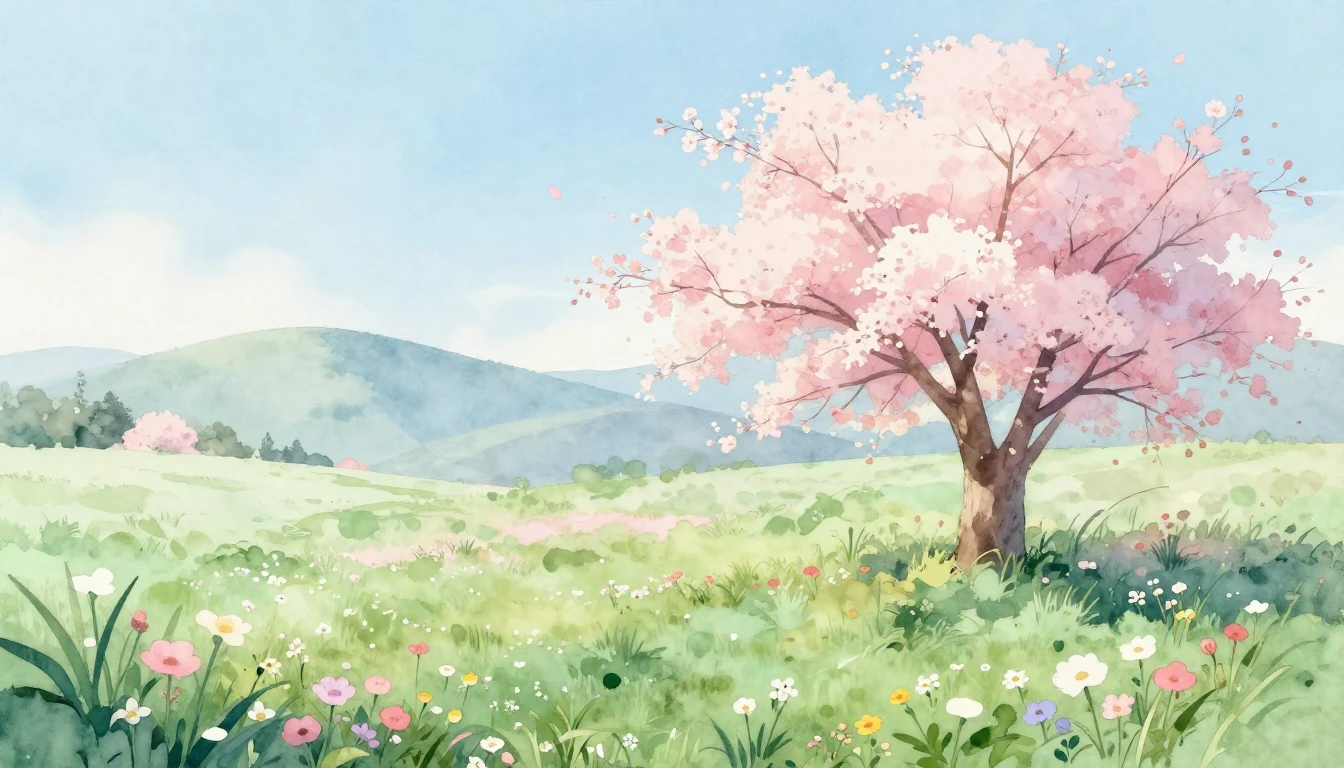A serene spring landscape in a delicate watercolor style. So...